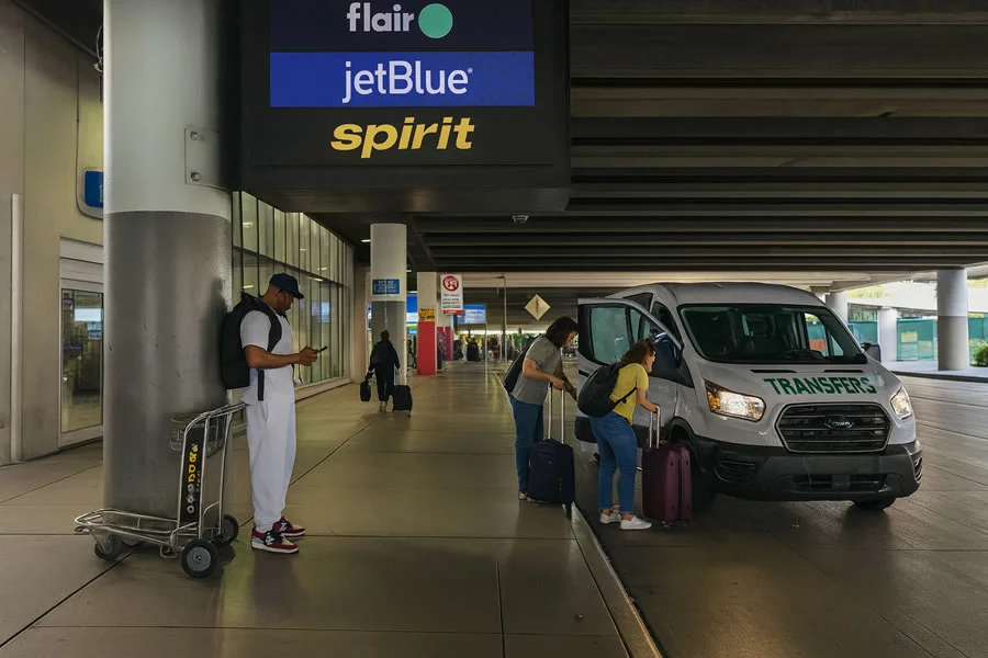 Passengers loading luggage into a transfer van at Fort Lauderdale Airport curbside near JetBlue and Spirit signs
