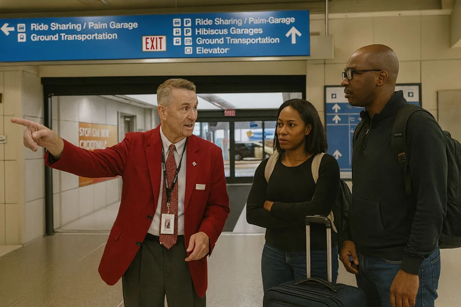 Fort Lauderdale Airport volunteer helping travelers with directions near ground transportation exit.
