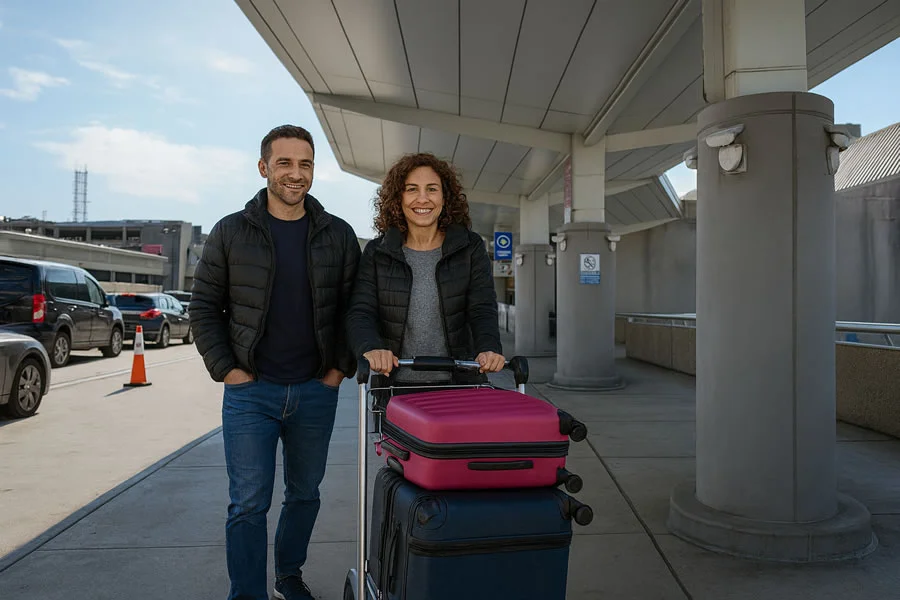 Smiling couple with luggage cart outside Fort Lauderdale airport terminal on a sunny day