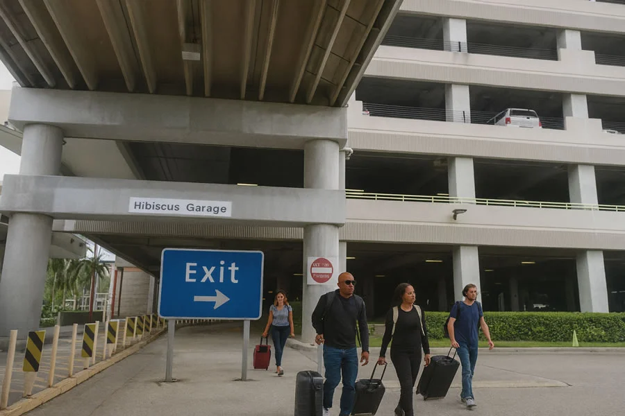 Passengers with luggage walking outside Hibiscus Garage at Fort Lauderdale Airport.