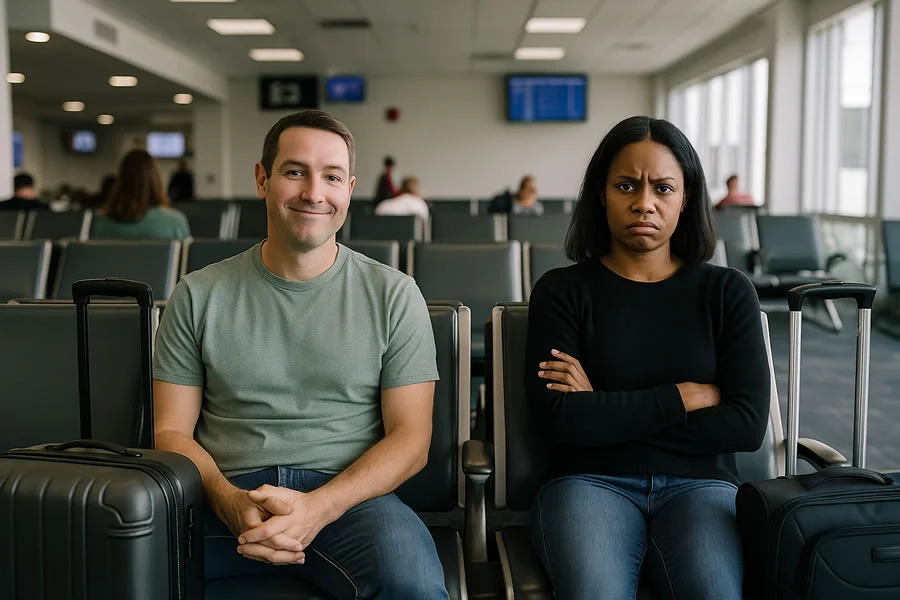 Passengers at Fort Lauderdale Airport gate showing opposite reactions—one smiling, one frustrated.