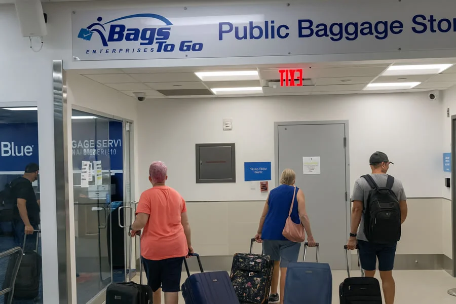 Passengers with luggage at Bags To Go public baggage storage area in Fort Lauderdale Airport terminal