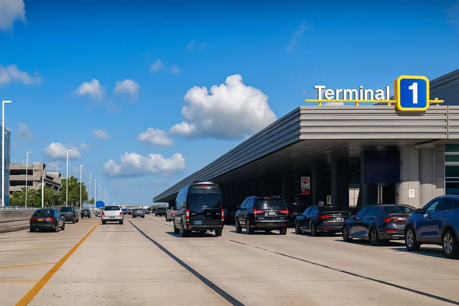 Fort Lauderdale Airport Terminal 1 entrance with vehicles lining up along the curbside drop-off zone under a clear blue sky