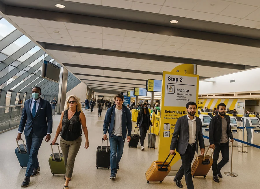 Fort Lauderdale airport Terminal 4 with multiple passengers walking while pulling luggage near self-check-in kiosks and bag drop signage.