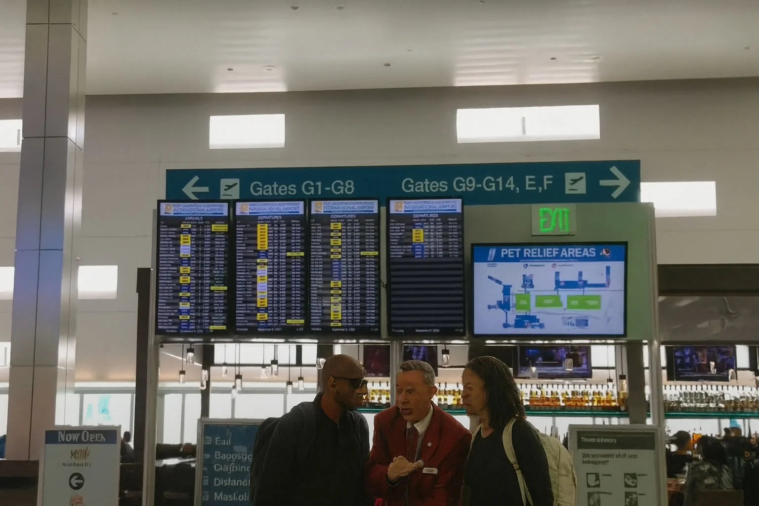 Airport volunteer giving travel tips to couple near flight information screens at Fort Lauderdale Airport.